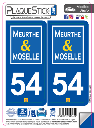 Autocollant plaque d'immatriculation 54 Meurthe et Moselle